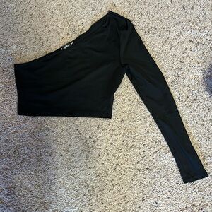 Black cropped one sleeve, silk like, women’s shirt